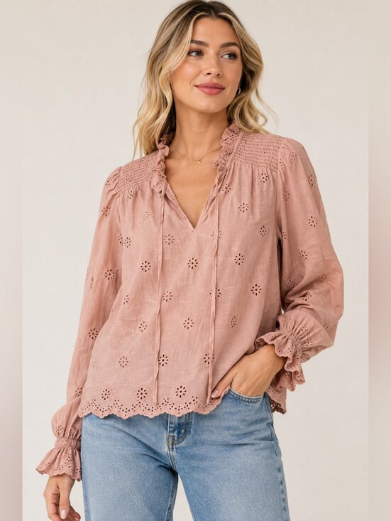 Othilia Tops - 🌸 Othilia Blush Pink Eyelet Embroidered Boho Blouse — Size SP